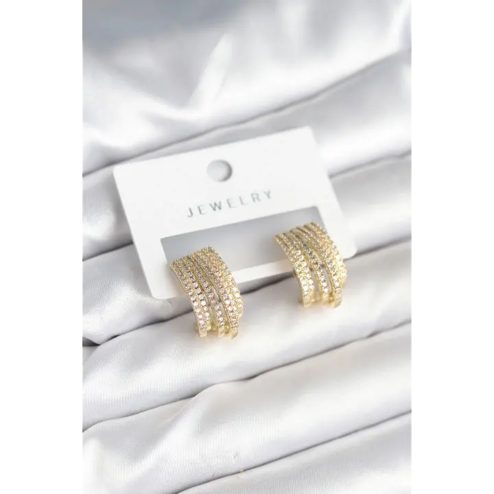 Zirkon Taşlı Şerit Model Gold Renk Pirinç Kadın Küpe