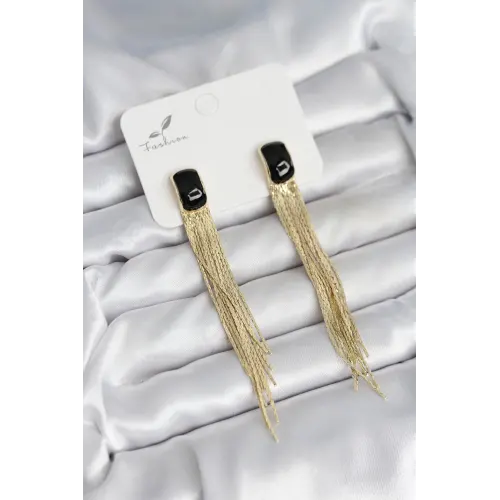 Sallantılı Siyah Mineli Gold Renk Kadın Küpe