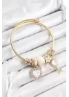 316L Çelik Beyaz Zirkon Taşlı Anahtar Ve Kalp Model Gold Renk Charm Bileklik