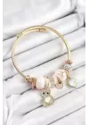316L Çelik Beyaz Zirkon Taşlı Ayıcık Ve Kalp Model Gold Renk Charm Bileklik