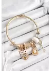 316L Çelik Beyaz Zirkon Taşlı Baykuş İstiridye Ve Anahtar Model Gold Renk Charm Bileklik