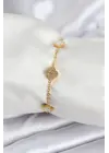 316L Çelik Gold Renk Beyaz ve Zirkon Taşlı Baby Boy Yonca Kadın Bileklik
