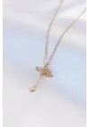 316L Çelik Gold Renk Kanatlı Kalp Model Zirkon Taş Detay Kadın Kolye