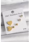 316L Çelik Gold Renk Zirkon Taşlı Kalpli Kadın Küpe Seti