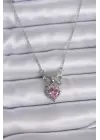 316L Çelik Gümüş Renk Zincir Pembe Kristal Kalp Zirkon Taşlı Kurdele Model Kadın Kolye