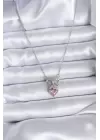 316L Çelik Gümüş Renk Zincir Pembe Kristal Kalp Zirkon Taşlı Kurdele Model Kadın Kolye