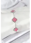 316L Çelik Gümüş Zincir Pembe Renk Yonca Bileklik