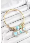 316L Çelik Mavi Zirkon Taşlı Anahtar Ve Kalp Model Gold Renk Charm Bileklik