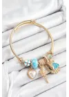 316L Çelik Mavi Zirkon Taşlı Yıldız Melek İstiridye Ve Kalp Model Gold Renk Charm Bileklik