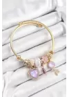 316L Çelik Mor Zirkon Taşlı Anahtar Ve Kalp Model Gold Renk Charm Bileklik