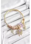316L Çelik Mor Zirkon Taşlı Kilit Göz Ve Anahtar Model Gold Renk Charm Bileklik