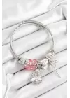 316L Çelik Pembe Zirkon Taşlı Baykuş Arı Ve Anahtar Model Gümüş Renk Charm Bileklik