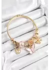 316L Çelik Pembe Zirkon Taşlı Kelebek Fiyonk Ve Kilit Model Gold Renk Charm Bileklik