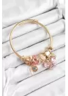 316L Çelik Pembe Zirkon Taşlı Kelebek Model Gold Renk Charm Bileklik
