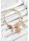 316L Çelik Pembe Zirkon Taşlı Kilit Göz Ve Anahtar Model Gold Renk Charm Bileklik