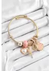 316L Çelik Pembe Zirkon Taşlı Yıldız Melek İstiridye Ve Kalp Model Gold Renk Charm Bileklik