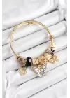 316L Çelik Siyah Zirkon Taşlı Kelebek Fiyonk Ve Kilit Model Gold Renk Charm Bileklik