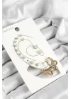 316L Çelik Yıldız Figürlü Ve Zirkon Taşlı Gold Renk 7li Çift Kadın Küpe Set