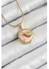 316L Çelik Zincir Pembe Mineli Sanatsal Portre İstiridye Model Gold Renk Kadın Kolye