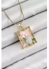 316L Çelik Zincir Pembe Sanatsal Portre İnci Detaylı Gül Figürlü Model Gold Renk Kadın Kolye