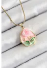 316L Çelik Zincir Zirkon Taşlı Pembe Sanatsal Portre Gül Figürlü Beşgen Model Gold Renk Kadın Kolye