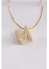 316L Çelik Zincirli Zirkon Taşlı M Harfli Gold Renk Bubble Kolye