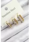 316L Çelik Zirkon Taşlı Dikdörtgen Model Gold Renk 3lü Set Kadın Küpe