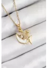 316L Çelik Zirkon Taşlı Hilal Melek Model Gold Renk Kadın Kolye