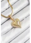 316L Çelik Zirkon Taşlı Kalp Model Gold Renk Kadın Kolye