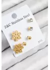 316L Çelik Zirkon Taşlı Kar Tanesi Model Gold Renk Kadın Set Küpe