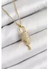 316L Çelik Zirkon Taşlı Kilit Ve Sallantılı Anahtar Model Gold Renk Kadın Kolye