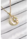 316L Çelik Zirkon Taşlı Kutup Yıldızlı Hilal Model Gold Renk Kadın Kolye
