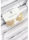 316L Çelik Zirkon Taşlı Yelpaze Model Gold Renk Kadın Küpe