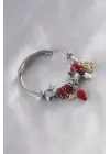 Çelik Charm Model Çilek Figür Kalp Detay Zirkon Taşlı Kadın Bileklik