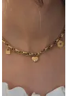 Çelik Gold Renk Kalın Zincir Model Kalp Figür Kadın Kolye