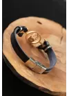 Gold Renk Metal Fatma Ana Eli Tasarım Siyah Renk Deri Erkek Bileklik