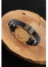Gold Renk Metal Nabız Tasarım Siyah Renk Deri Erkek Bileklik