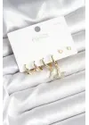 Gold Renk Pirinç Kelebek Model 925 Ayar Gümüş Çivili Kadın Küpe Seti
