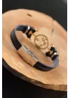 Gold Renk Yıldızlı Metal Aksesuarlı Siyah Deri Erkek Bileklik