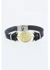 Gold Renk Yin Yang Figürlü Metal Aksesuarlı Siyah Renk Deri Erkek Bileklik
