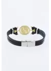 Gold Renk Yin Yang Figürlü Metal Aksesuarlı Siyah Renk Deri Erkek Bileklik