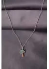 Gümüş Renk Metal Zirkon Taş Palmiye Ağaç Tasarımlı Kadın Kolye