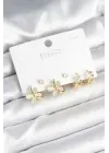 Kelebek Model Gold Renk Pirinç 925 Ayar Gümüş Çivili Kadın Küpe Seti