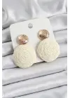 Krem Daire Figürlü Hasır Örgü Model Gold Renk Kadın Küpe