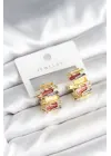 Mineli Karışık Renkli Gold Pirinç Kadın Küpe