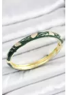 Mineli Pirinç Gold Renk Yeşil Çiçek Motifli Kadın Kelepçe