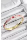 Mineli Pirinç Kırmızı ve Pembe Yaprak Motifli Gold Renk Kadın Kelepçe