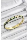Mineli Pirinç Krem Ve Yeşil Çiçek Motifli Gold Renk Kadın Kelepçe