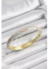 Mineli Pirinç Mavi Ve Pembe Çiçek Motifli Gold Renk Kadın Kelepçe