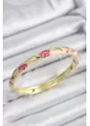 Mineli Pirinç Pembe Çiçek Motifli Gold Renk Kadın Kelepçe